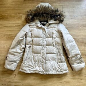 Cream Puffer Jacket with Faux Fur Hood size medium down filled